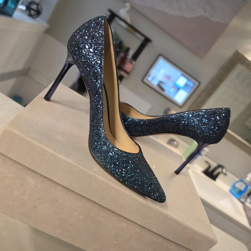 Jimmy Choo Blue Glitter Pointed Toe Pumps - Picture 2 of 5